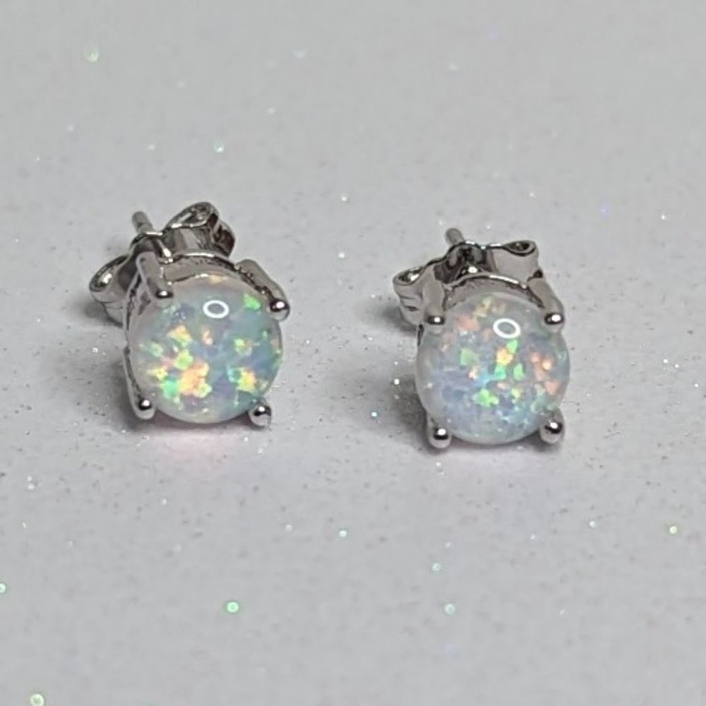White Fire Opal 6MM Round Stud Earrings - Picture 6 of 6